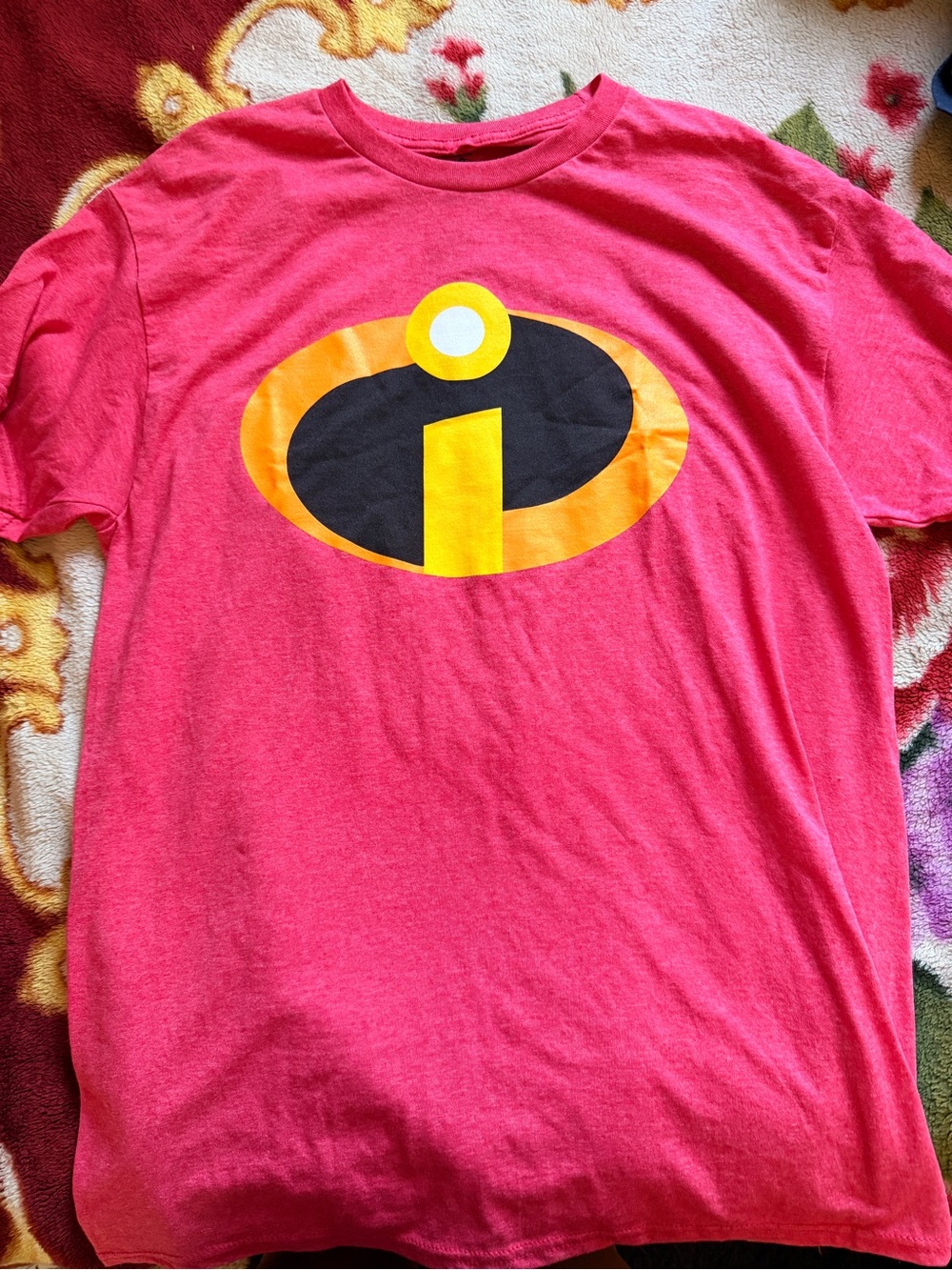 Disney Men's Pink Short Sleeve Tee with Yellow & Black Incredibles Logo